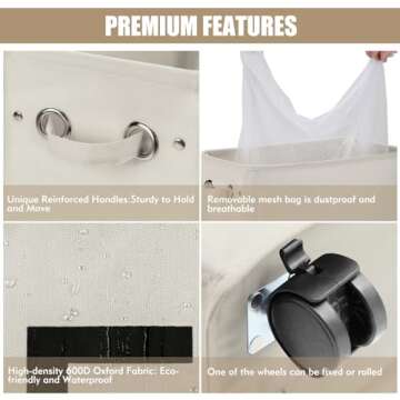 DOKEHOM 29-Inches Enlarged Slim Laundry Basket with Removable Wash Bag on Wheels, Collapsible Rolling Laundry Hamper, Foldable Narrow Corner Clothes Storage Bins (Beige)