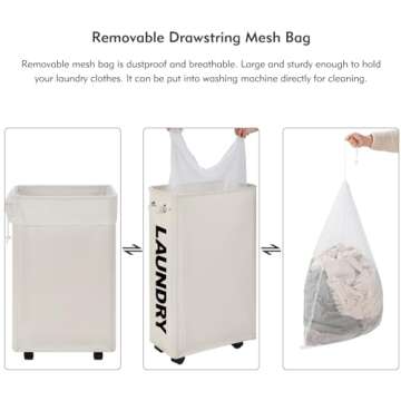 DOKEHOM 29-Inches Enlarged Slim Laundry Basket with Removable Wash Bag on Wheels, Collapsible Rolling Laundry Hamper, Foldable Narrow Corner Clothes Storage Bins (Beige)