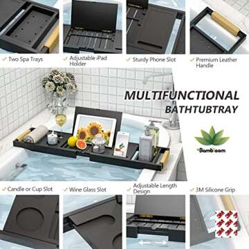 Bathtub Tray Bath Caddy Tray for Tub - Expandable Board and Book Stand Premium Leather Grip and Non-...