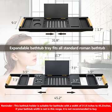 Bathtub Tray Bath Caddy Tray for Tub - Expandable Board and Book Stand Premium Leather Grip and Non-Slip Pat for Luxury Bath Bamboo Bathtub Table Tray for Home Spa and Gift Choice (Black)