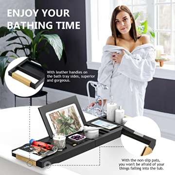 Bathtub Tray Bath Caddy Tray for Tub - Expandable Board and Book Stand Premium Leather Grip and Non-Slip Pat for Luxury Bath Bamboo Bathtub Table Tray for Home Spa and Gift Choice (Black)
