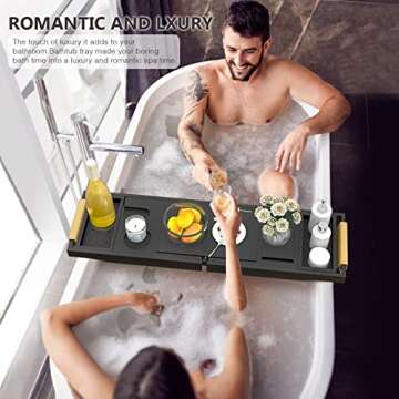 Bathtub Tray Bath Caddy Tray for Tub - Expandable Board and Book Stand Premium Leather Grip and Non-Slip Pat for Luxury Bath Bamboo Bathtub Table Tray for Home Spa and Gift Choice (Black)