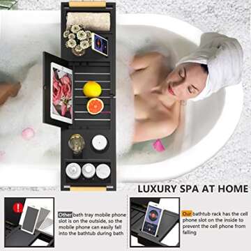Bathtub Tray Bath Caddy Tray for Tub - Expandable Board and Book Stand Premium Leather Grip and Non-Slip Pat for Luxury Bath Bamboo Bathtub Table Tray for Home Spa and Gift Choice (Black)