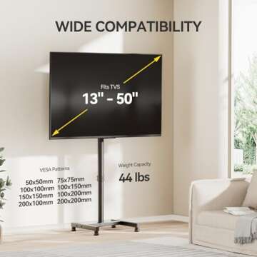 AM alphamount Portable TV Floor Stand for 13-50 Inch TVs, Adjustable & Stable