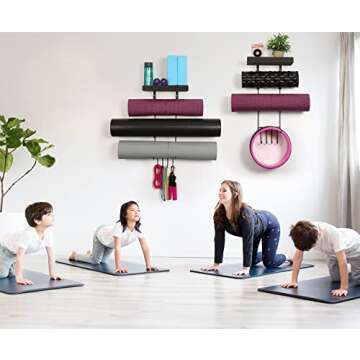 Bikoney Yoga Mat Holder Wall Mount Yoga Mat Storage Home Gym Accessories with Wood Floating Shelves ...