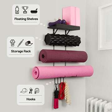 Bikoney Yoga Mat Holder Stylish Wall Mount with Shelves
