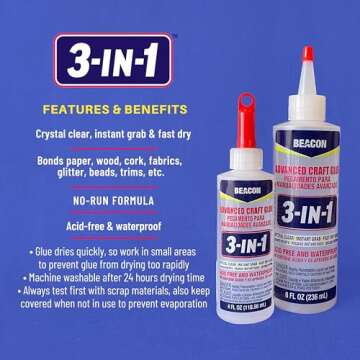 BEACON 3-in-1 Advanced Craft Glue - Fast-Drying, Crystal Clear Adhesive for Wood, Ceramics, Fabrics, and More, 8-Ounce