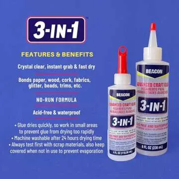 BEACON 3-in-1 Advanced Craft Glue - Fast-Drying, Crystal Clear Adhesive for Wood, Ceramics, Fabrics, and More, 8-Ounce