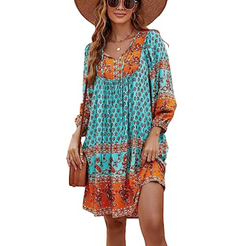Bluetime Women Bohemian Summer Sundress Loose Fit 3/4 Sleeve Casual Dress V Neck Plus Size Cover ups...