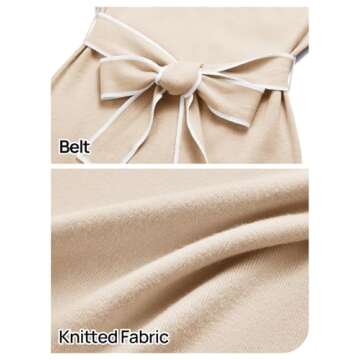 MEROKEETY Women's 2024 Long Sleeve Midi Sweater Dress Fall Mock Neck Color Block Tie Waist Bodycon Knit Dress, Apricot, S