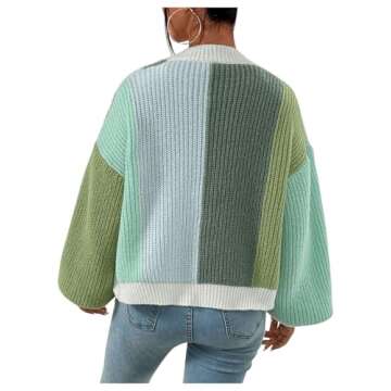 SHENHE Women's Color Block Open Front Long Sleeve Ribbed Knit Cropped Cardigan Sweaters Green Blue M
