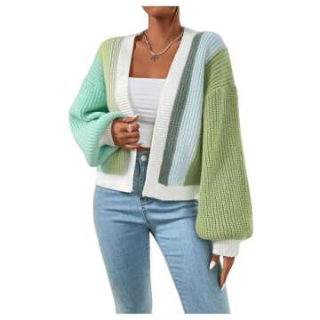 SHENHE Women's Color Block Open Front Long Sleeve Ribbed Knit Cropped Cardigan Sweaters Green Blue M