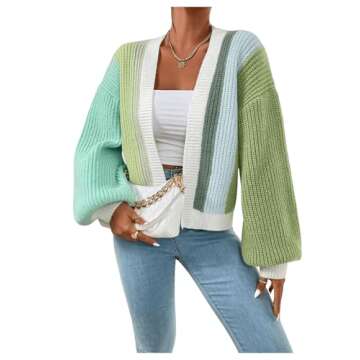 SHENHE Women's Color Block Open Front Long Sleeve Ribbed Knit Cropped Cardigan Sweaters Green Blue M
