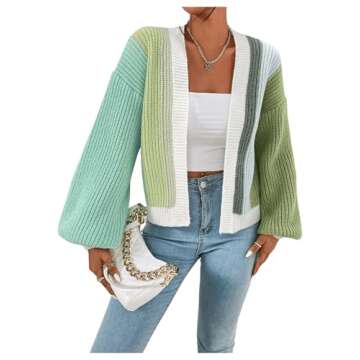 SHENHE Women's Color Block Open Front Long Sleeve Ribbed Knit Cropped Cardigan Sweaters Green Blue M