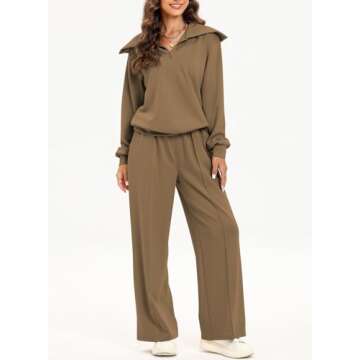 Aleumdr Two Piece Outfit Sweatsuit Wide Leg Sweatpant Lounge Matching Sets Fleece Womens Lounge Set Half Zip Sweatshirt Oversized Pullover Tracksuit 2024 Fall Travel Clothing Brown