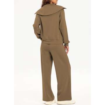 Aleumdr Two Piece Outfit Sweatsuit Wide Leg Sweatpant Lounge Matching Sets Fleece Womens Lounge Set Half Zip Sweatshirt Oversized Pullover Tracksuit 2024 Fall Travel Clothing Brown