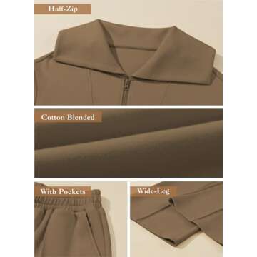 Aleumdr Two Piece Outfit Sweatsuit Wide Leg Sweatpant Lounge Matching Sets Fleece Womens Lounge Set Half Zip Sweatshirt Oversized Pullover Tracksuit 2024 Fall Travel Clothing Brown