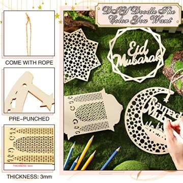 8 Pieces Ramadan Hanging Sign Ramadan Ornament Ramadan Kareem Decoration Moon Star Wind Light Shape Pendant Ornament Wooden Pendant Ornament for Islam Eid Ramadan Mubarak Decorations