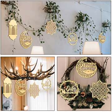 8 Pieces Ramadan Hanging Sign Ramadan Ornament Ramadan Kareem Decoration Moon Star Wind Light Shape Pendant Ornament Wooden Pendant Ornament for Islam Eid Ramadan Mubarak Decorations