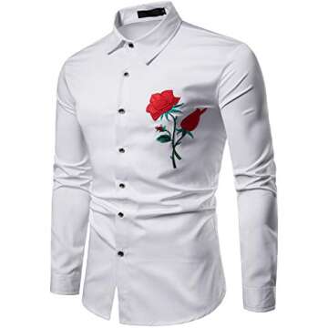 ZEROYAA Men's Embroidery Rose Design Slim Fit Long Sleeve Dress Shirts/Prom Performing Shirts ZHCL15 White Small