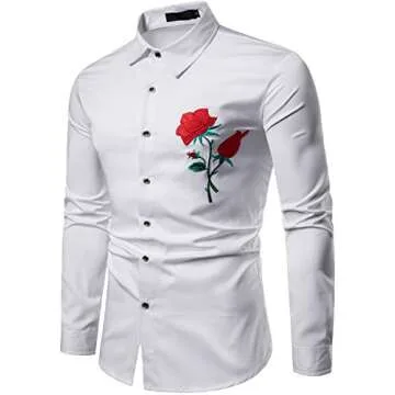 ZEROYAA Men's Embroidery Rose Design Slim Fit Long Sleeve Dress Shirts/Prom Performing Shirts ZHCL15 White Small