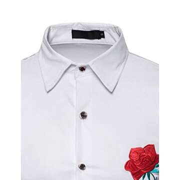 ZEROYAA Men's Embroidery Rose Design Slim Fit Long Sleeve Dress Shirts/Prom Performing Shirts ZHCL15 White Small