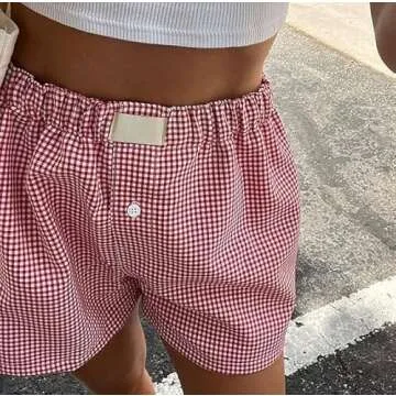 Women's Lounge Shorts Cute Soft Elastic Low Waist Plaid Print Button Front Pajama Bottoms Boxer Shorts Sleepwear Red