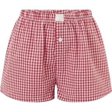 Women's Lounge Shorts Cute Soft Elastic Low Waist Plaid Print Button Front Pajama Bottoms Boxer Shorts Sleepwear Red