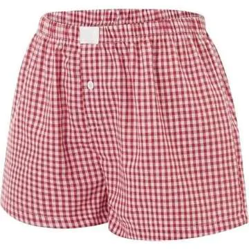 Women's Lounge Shorts Cute Soft Elastic Low Waist Plaid Print Button Front Pajama Bottoms Boxer Shorts Sleepwear Red