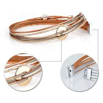 Fesciory Leather Wrap Bracelets for Women, Boho Leopard Multi-Layer Crystal Beads Cuff Bracelet Jewelry (Metal Disc(Gold))