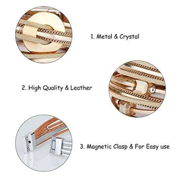 Fesciory Leather Wrap Bracelets for Women, Boho Leopard Multi-Layer Crystal Beads Cuff Bracelet Jewelry (Metal Disc(Gold))