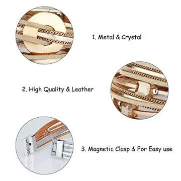 Fesciory Leather Wrap Bracelets for Women, Boho Leopard Multi-Layer Crystal Beads Cuff Bracelet Jewelry (Metal Disc(Gold))