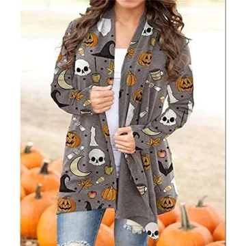 Women's Halloween Pumpkin Cat Print Cardigan - Cozy Chic