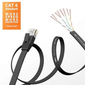 Cat 6 Ethernet Cable 50 ft, Outdoor & Indoor, 10Gbps Support Cat8 Cat7 Network, Heavy Duty Flat Internet LAN Patch Cord, Fast Speed Weatherproof Cable with Clips for Router, Modem, PS4/5, Xbox, Black