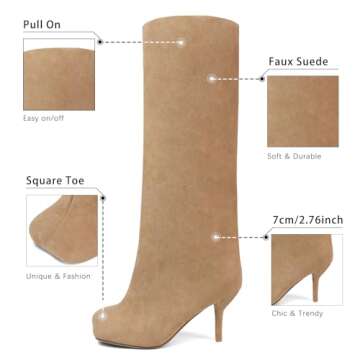VOZTOLLS Suede Knee High Boots for Women Square Toe
