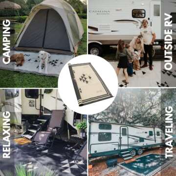 Glamplife RV mat - Recycled Reversible Waterproof RV Rug - Camping Rugs for Outside Your RV - Rv Clearance Rug - 9 x 12 Black and Tan Doeskin Triangle Boho Southwestern Aztec Outdoor Area Rug -