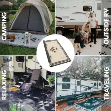 Glamplife RV mat - Recycled Reversible Waterproof RV Rug - Camping Rugs for Outside Your RV - Rv Clearance Rug - 9 x 12 Black and Tan Doeskin Triangle Boho Southwestern Aztec Outdoor Area Rug -