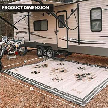 Glamplife RV mat - Recycled Reversible Waterproof RV Rug - Camping Rugs for Outside Your RV - Rv Clearance Rug - 9 x 12 Black and Tan Doeskin Triangle Boho Southwestern Aztec Outdoor Area Rug -