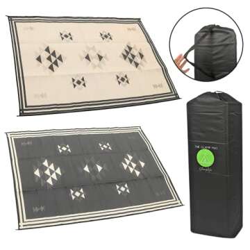 Glamplife RV mat - Recycled Reversible Waterproof RV Rug - Camping Rugs for Outside Your RV - Rv Clearance Rug - 9 x 12 Black and Tan Doeskin Triangle Boho Southwestern Aztec Outdoor Area Rug -