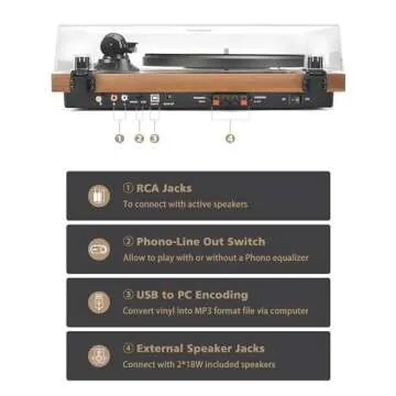 Record Player Vinyl Bluetooth Turntable with 36 Watt Stereo Bookshelf Speakers, Hi-Fi System with Magnetic Cartridge, USB Recording and Auto Stop