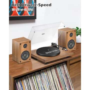 Record Player Vinyl Bluetooth Turntable with 36 Watt Stereo Bookshelf Speakers, Hi-Fi System with Magnetic Cartridge, USB Recording and Auto Stop