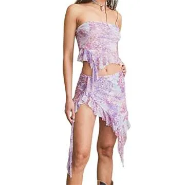 Faretumiya Women Two Piece Outfit Cami Top Skirt Set Sleeveless Bodycon 2 Piece Tube Top Mini Skirt Y2k Matching Set Suiting(Purple,Small)