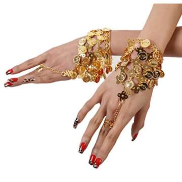 FZBNSRKO 2 Pcs Belly Dance Gold Triangle Bracelet Gypsy Jewelry Coin Bracelet Wrist Hand Bracelet Bangle Rings for Halloween Costume Present