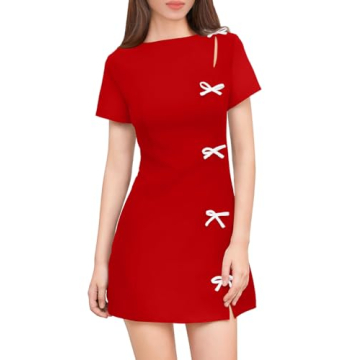 XXTAXN Women's Summer Boat Neck Short Sleeve Elegant Y2K A-Line Mini Dress Red