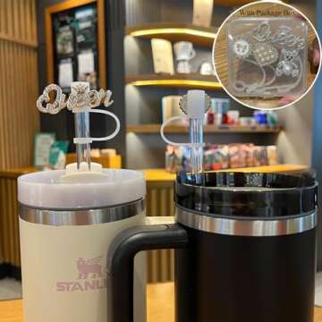 Amreich Bling Diamond Straw Cover for Stanley Cup Accessories - Silicone Straw Toppers with Silver Rhinestone fit 9-12mm Straws Sparkle Straw Cover Cap for Tumblers