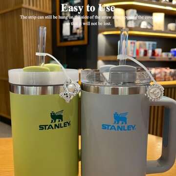 Amreich Bling Diamond Straw Cover for Stanley Cup Accessories - Silicone Straw Toppers with Silver Rhinestone fit 9-12mm Straws Sparkle Straw Cover Cap for Tumblers