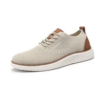 VILOCY Men's Casual Dress Sneakers Oxfords Business Shoes Lace Up Lightweight Comfortable Breathable Walking Knit Mesh Fashion Sneakers Tennis Beige,EU43