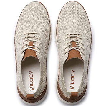 VILOCY Men's Casual Dress Sneakers Oxfords Business Shoes Lace Up Lightweight Comfortable Breathable Walking Knit Mesh Fashion Sneakers Tennis Beige,EU43