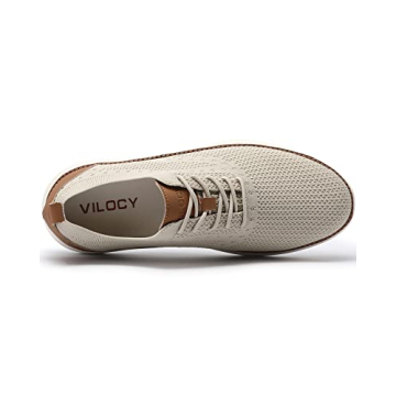 VILOCY Men's Casual Dress Sneakers Oxfords Business Shoes Lace Up Lightweight Comfortable Breathable Walking Knit Mesh Fashion Sneakers Tennis Beige,EU43