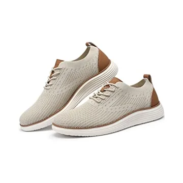 VILOCY Men's Casual Dress Sneakers Oxfords Business Shoes Lace Up Lightweight Comfortable Breathable Walking Knit Mesh Fashion Sneakers Tennis Beige,EU43